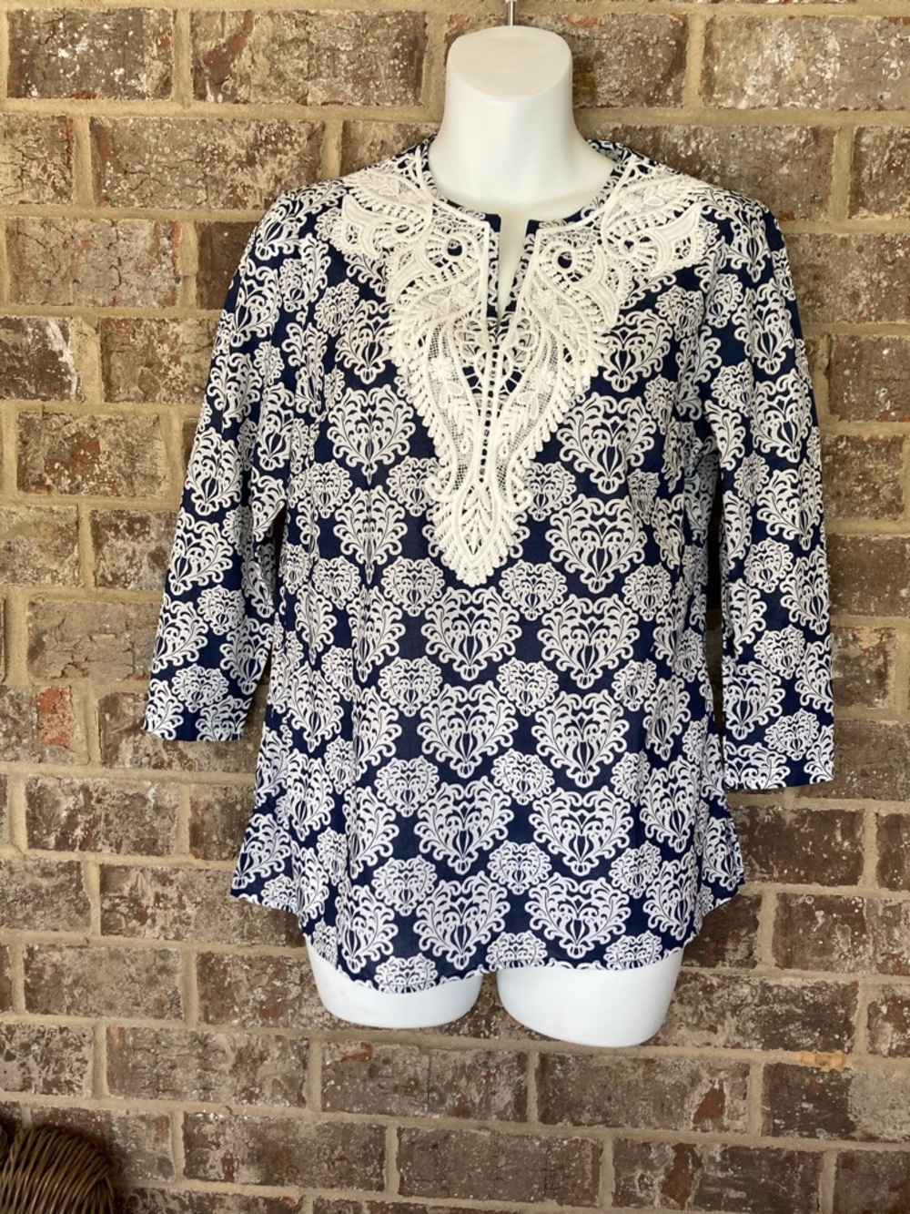 NWT Talbots Blue & White Lace Bib Tunic Top Size SP